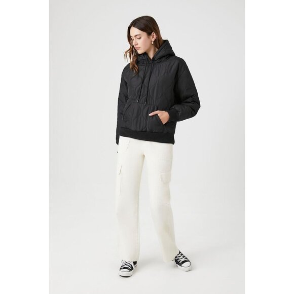 Forever 21 Black Quilted Nylon Hoodie Jacket Women's Medium New without Tags - Picture 1 of 6